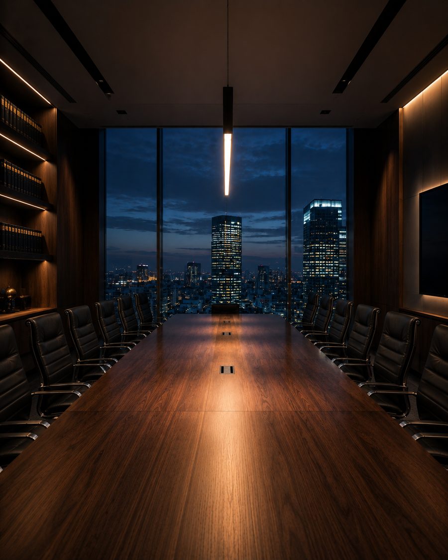 Sala de reunião com vista para a cidade à noite