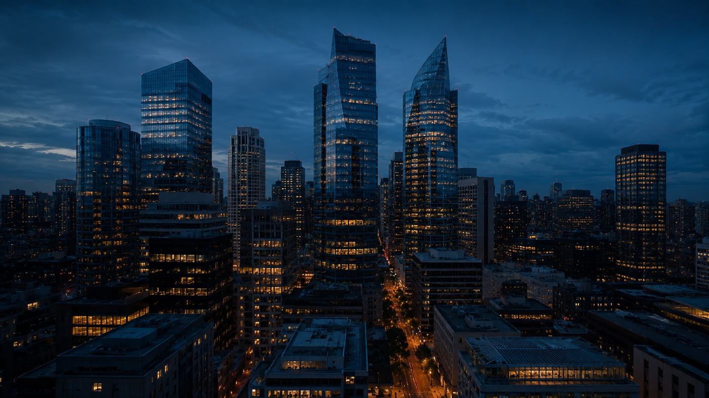 Vista noturna do distrito financeiro