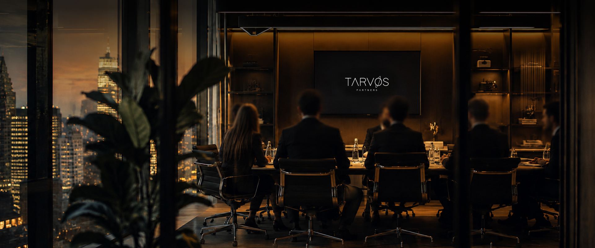 Reunião de equipe da Tarvos Partners em sala de reuniões com vista para a cidade ao entardecer
